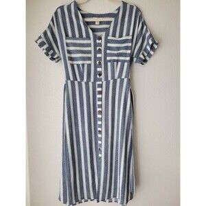 Monteau Los Angeles Striped Midi Dress Women's Medium Blue White Button Front